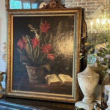 1900c Large Vintage Oil Still Floral Painting on Canvas Signed picture