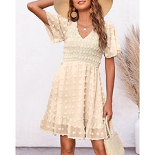 NWT BTBFM Ivory Smocked Short Sleeve Bohemian Summer Dress picture