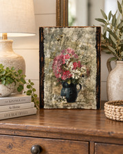 Vintage Floral Pitcher Bees Hand Decoupage Reclaimed Wood Wall Decor picture