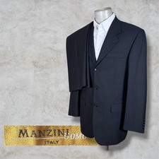 Manzini 2 Piece Suit Mens 40R 32x29 Black Satin Stripe Three Button Pleated picture