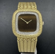Jaeger LeCoultre 18K Gold Tiger Eye Pave Diamond Dial Manual Wind Watch 1970's picture