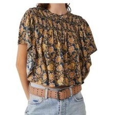 Free People Printed Ruffled Up Top Navy Combo Large - Boho picture