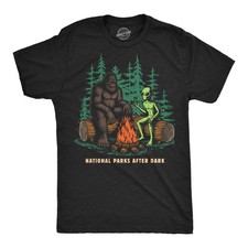 Mens Funny T Shirts National Parks After Dark Sarcastic Bigfoot Alien Graphic picture