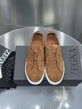 Men's Zegna Triple Stitch Low-Top Slip-On Brown Suede Casual Shoes picture