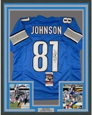 Framed Autographed/Signed Calvin Johnson 35x39 Detroit Blue Jersey JSA COA picture