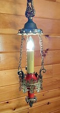 Antique 1910s 1920s  Bronze Petite Red Accent Chandelier Light Tudor Victorian picture