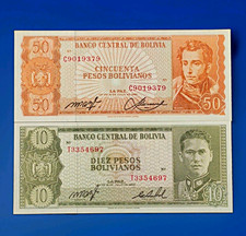Bolivia 50 & 10 Pesos Bolivianos Banknotes Banco Central de Bolivia 1962 picture