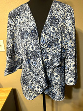 CHAUS Women’s XL Blue White Floral Open Front Waterfall Cardigan Jacket picture