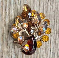 Vintage Unsigned Brown Tones and Aurora Borealis Rhinestone Brooch Gold Tone picture