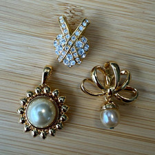 Nolan Miller Signed Lot of 3 Gold Tone Pendants Faux Pearl Rhinestone Crystal picture