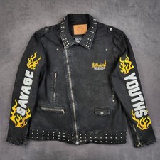 Iro-Ochi Denim Jacket Mens 2XL Black Savage Youth Studded Skeleton Flame Biker picture