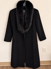 Vintage J. Percy 100% Wool Coat Dyed Fox Fur Collar Black Long Maxi Trench 10 picture