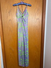 Vintage 1970s Elisabeth Stewart Purple Green Maxi Dress Swim Resort Halloween picture