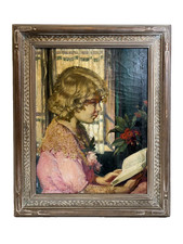 ANTIQUE SIGNED MADSEN 1931 YOUNG GIRL READING BOOK VINTAGE PORTRAIT OIL PAINTING picture