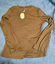 Women's Brown Cotton Knit Solid Long Sleeve Crew Neck Pullover T-Shirt M picture