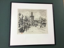 Tavík F. Simon Signed Etching Prague Bridge 1919 Beautifully Framed picture
