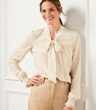 Talbots Tan White Tie Neck Button-Up Top in Diagonal Stripe Preppy Sheer NWT 2X picture