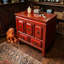 Antique Chinese Red Lacquer Side Chest 19th C Qing Dynasty Style 5Drawer Cabinet picture