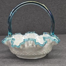 Fenton Spanish Lace Milk Glass Basket Iridescent Teal Crest QVC 1988 USA picture