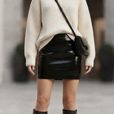 NWT J.Crew Black Faux Patent Leather Mini Skirt Vinyl Glossy A-Line Party 10 picture