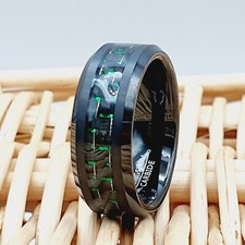 Unique Black Tungsten Wedding Ring Green Carbon Fiber Center Inlay Band for Him picture