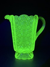 HTF Antique Adams Glass Vaseline Daisy And Button Square Pitcher ca. 1880-1910 picture