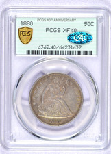 1880 SEATED LIBERTY HALF DOLLAR PCGS XF40 CAC TONED BEAUTIFUL ORIGINAL picture