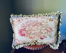 Vintage French Tapestry Pillow With Floral Rose Bouquet Tassels & Golden Velvet picture
