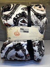 Hallow Home Halloween Blanket Full Queen Skull Moth Butterfly Crow Black Cat New picture