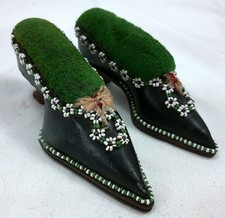 Antique 1900s Green Beaded Ornate Women's Shoe Pin Cushions - Pair picture
