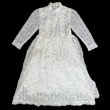 Jessica McClintock Girls Dress Sz 5 White Lace High Neck Vtg Victorian Edwardian picture
