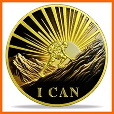 Motivational Challenge Coin - I Can Sunrise Mountain Climber Design & Never G... picture