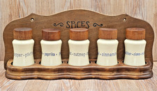 Mid Century Modern ESA Denmark Porcelain Spice Jars Blue Wording Wooden Rack picture