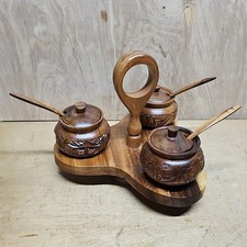 VTG MCM Monkey Pod Wood Lazy Susan Condiment Server 3 Pots Spoons Lids Complete picture