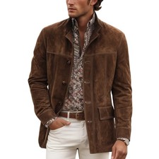 Men’s Brown Suede Leather Coat Button Front Safari Style Jacket Blazer Handmade picture