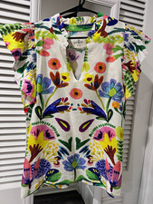 UMGEE Multicolor Floral V-Neck Blouse Smocked Flutter Ruffle Sleeve Top Size L picture