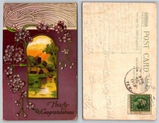 1913 Hearty Congratulations Embossed Art Nouveau Postcard US Stamp Posted picture