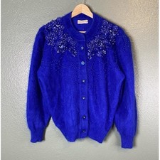 VTG Connie A Lee Women's Size M L COBALT 80% Angora Fluffy Furry Vibrant Sweater picture