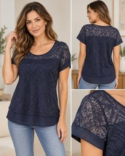 The Limited Short Sleeve Blouse Size XS Navy Blue Lace Accent picture