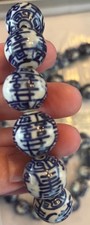 Large Heavy Vintage Chinese Glazed Blue White Porcelain Shou Beaded Necklace picture
