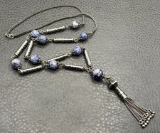 VTG Sterling Silver Tassel Blue Stone Niello Foxtail Chain Boho Necklace 26” 60g picture