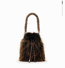 $295 Desigual Brown Tan Faux Fur Fluff Drawstring Small Bucket Hand Bag Designer picture
