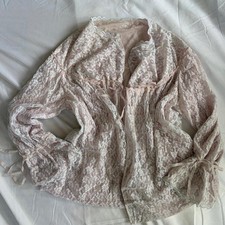 Vintage 60s Premaman French Lace Babydoll Cardigan Pink White Bell Sleeve XS S picture
