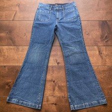 Express 70s Flare Mid Rise Jeans Medium Wash Front Patch Pocket Size 12R 34x34 picture