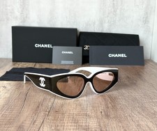CHANEL SUNGLASSES BLACK WHITE FRAME 100% AUTHENTIC CLASSIC 6056 CAT EYE BROWN picture