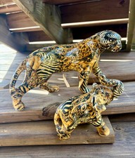 2 Vintage La Vie Safari Patchwork Ceramic Figurines Tiger & Elephant Art Deco picture