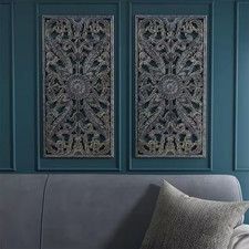 Antique Blue Distressed Carved Lotus Flower Pattern Dimensional Wood Wall Art De picture