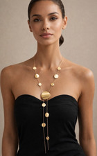 LORYLIN Gold Tone Round Disc Pendant Statement Chain Lariat Necklace picture