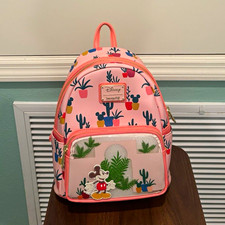 Loungefly Disney Mickey Mouse Cactus Print Mini Backpack Pink w/ Front Pocket picture