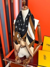 FENDI Silk Cashmere Scarf Black Beige Brown FF Logo 140x140cm picture